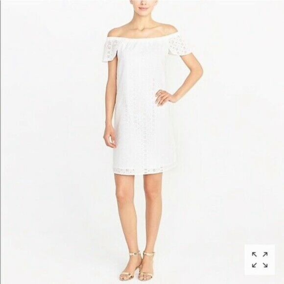 NEW J. Crew White Eyelet Off the Shoulder Dress Small S J0976 Chic Preppy NWT - Picture 2 of 11